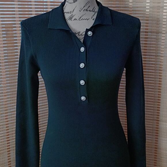 House of Harlow Ribbed Knit Collared Henley Midi Dress Evergreen S NWT - Picture 6 of 13